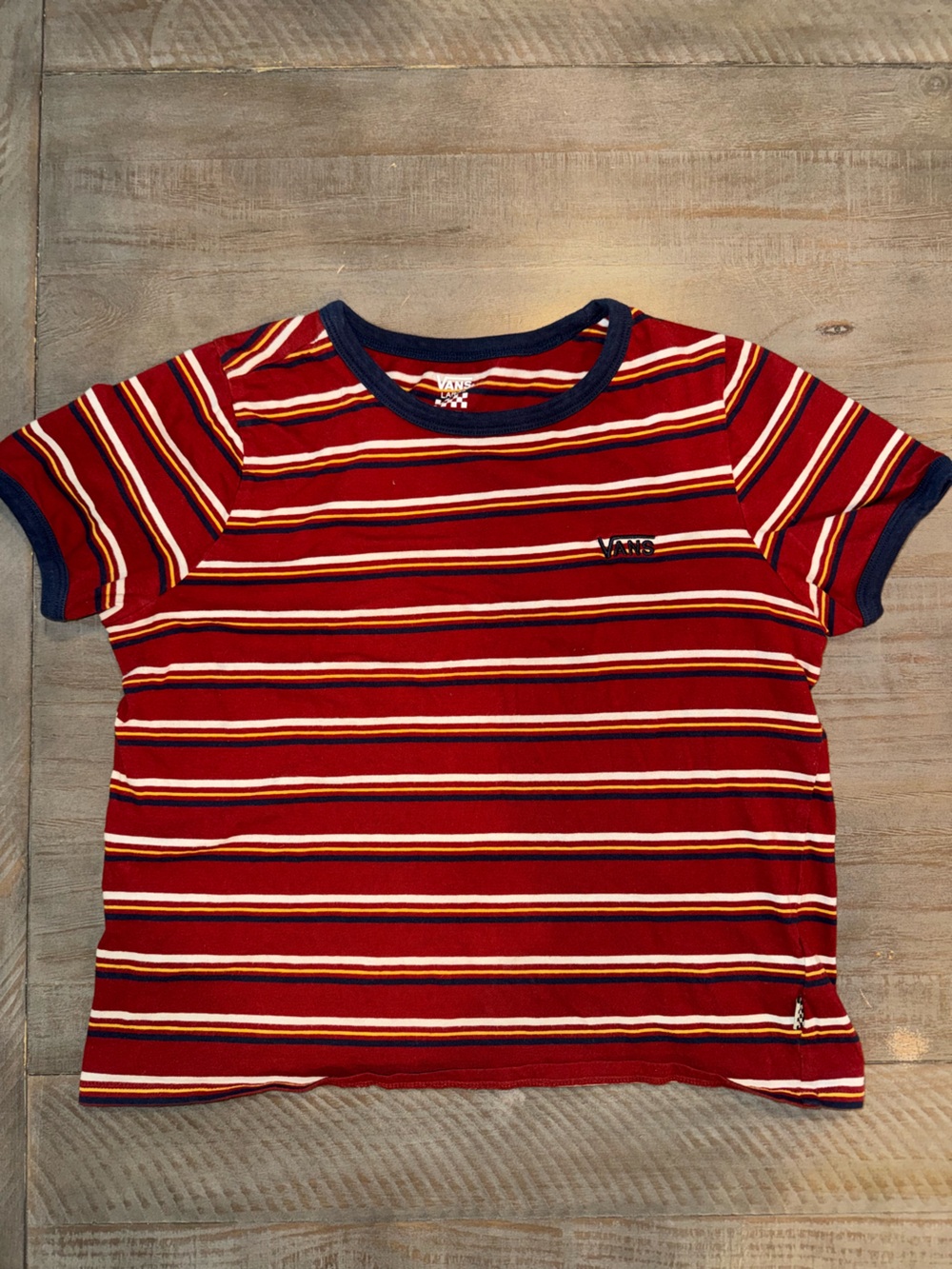Vans cropped Red Striped Tee with Navy, White & Yellow Accents